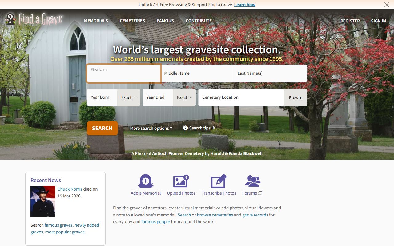 Find A Grave cemetery database for Hot Spring County Arkansas death records research