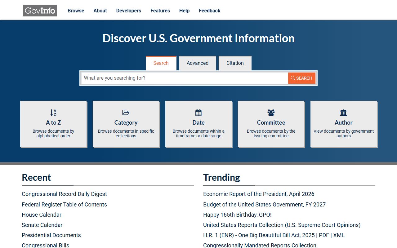 GovInfo government publications portal with historical vital statistics reports