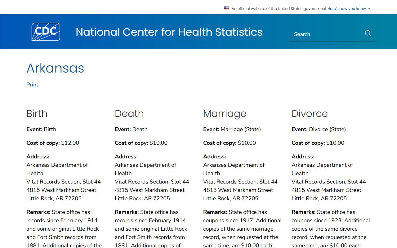 CDC Arkansas vital records page showing how to obtain Arkansas death certificates