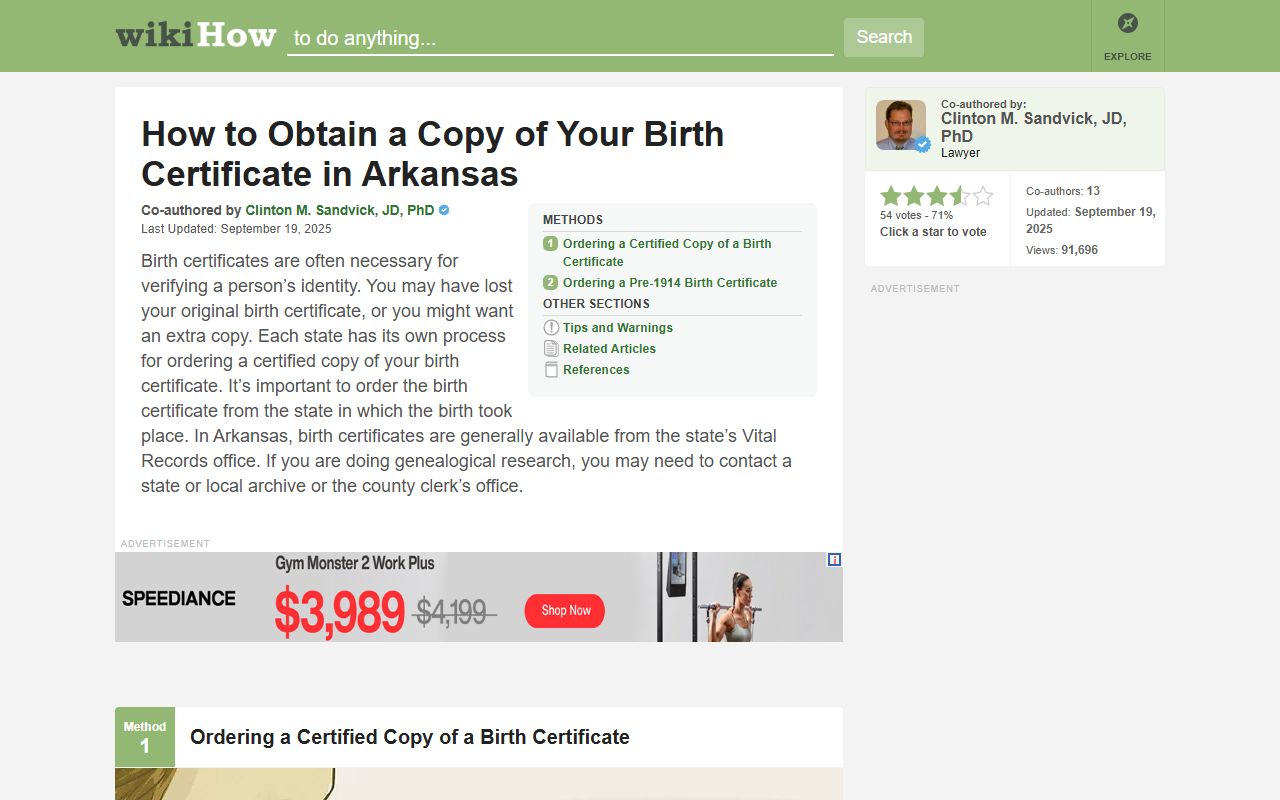 WikiHow guide showing how to request Arkansas vital records including death certificates